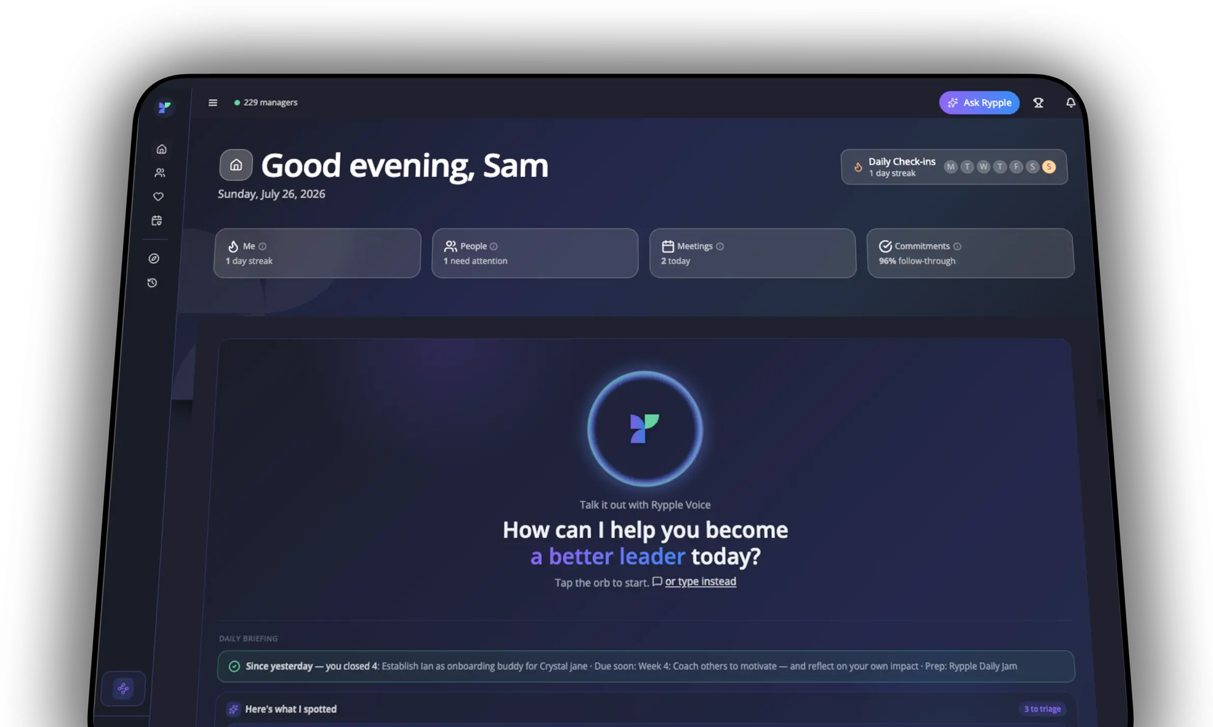 Rypple running on a tablet — meetings, people, and coaching in one place